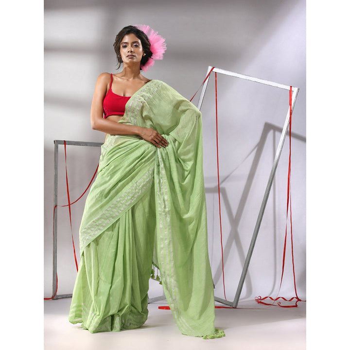 CHARUKRITI Pear Green Cotton Zari Stripes Pallu Saree with Unstitched Blouse