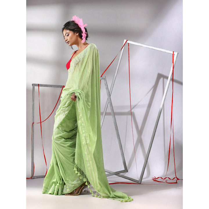 CHARUKRITI Pear Green Cotton Zari Stripes Pallu Saree with Unstitched Blouse