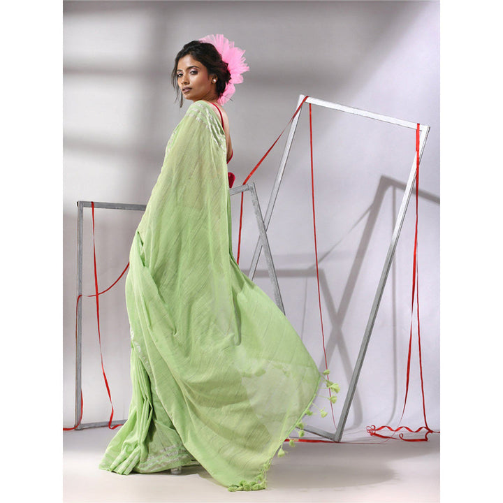 CHARUKRITI Pear Green Cotton Zari Stripes Pallu Saree with Unstitched Blouse