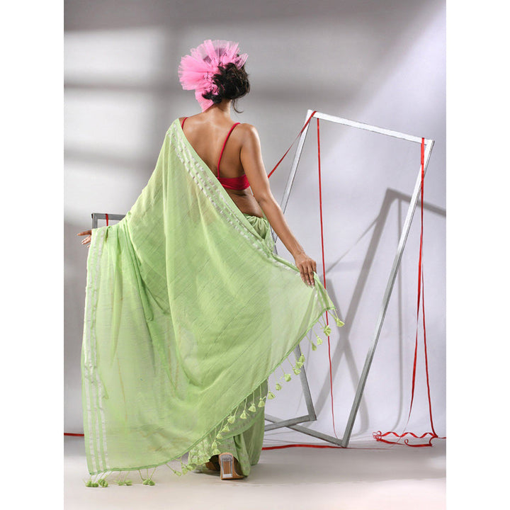 CHARUKRITI Pear Green Cotton Zari Stripes Pallu Saree with Unstitched Blouse