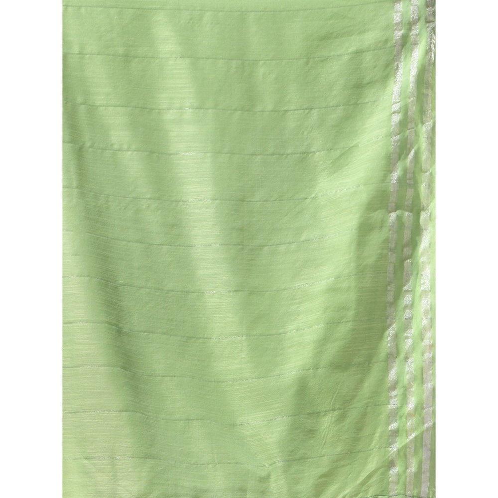 CHARUKRITI Pear Green Cotton Zari Stripes Pallu Saree with Unstitched Blouse