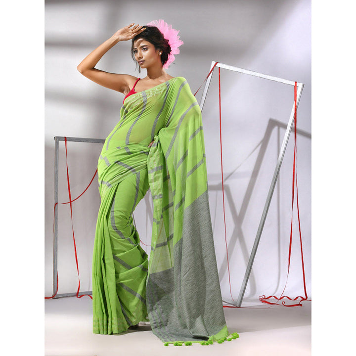 CHARUKRITI Green Cotton Stripes Design Saree with Unstitched Blouse