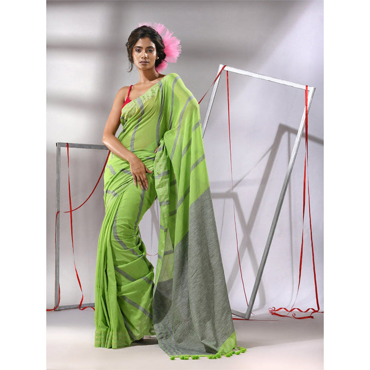 CHARUKRITI Green Cotton Stripes Design Saree with Unstitched Blouse