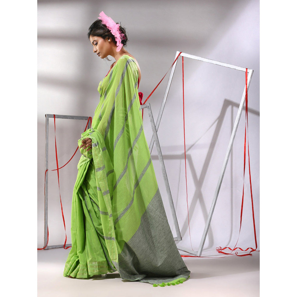 CHARUKRITI Green Cotton Stripes Design Saree with Unstitched Blouse