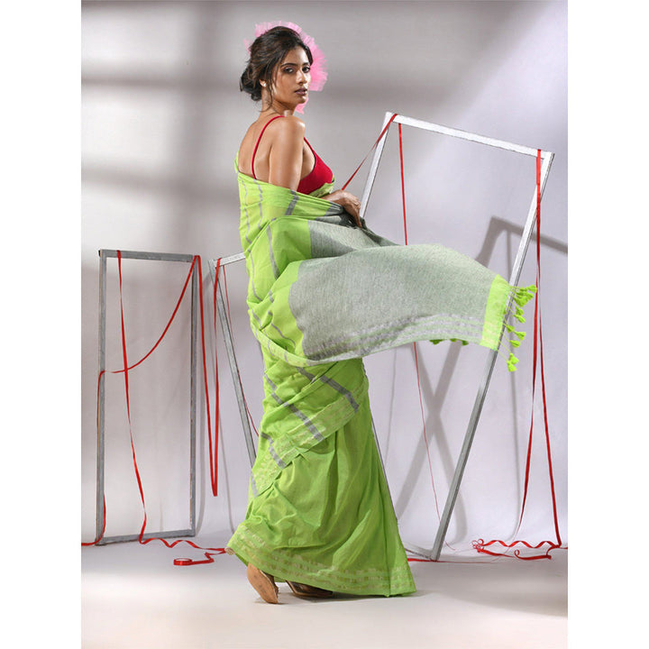 CHARUKRITI Green Cotton Stripes Design Saree with Unstitched Blouse