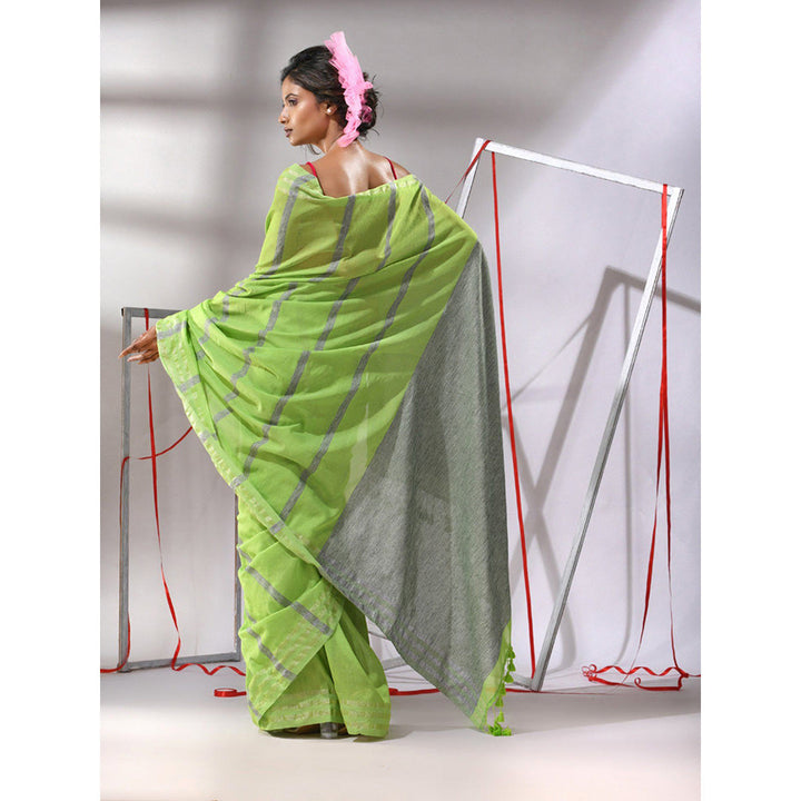 CHARUKRITI Green Cotton Stripes Design Saree with Unstitched Blouse