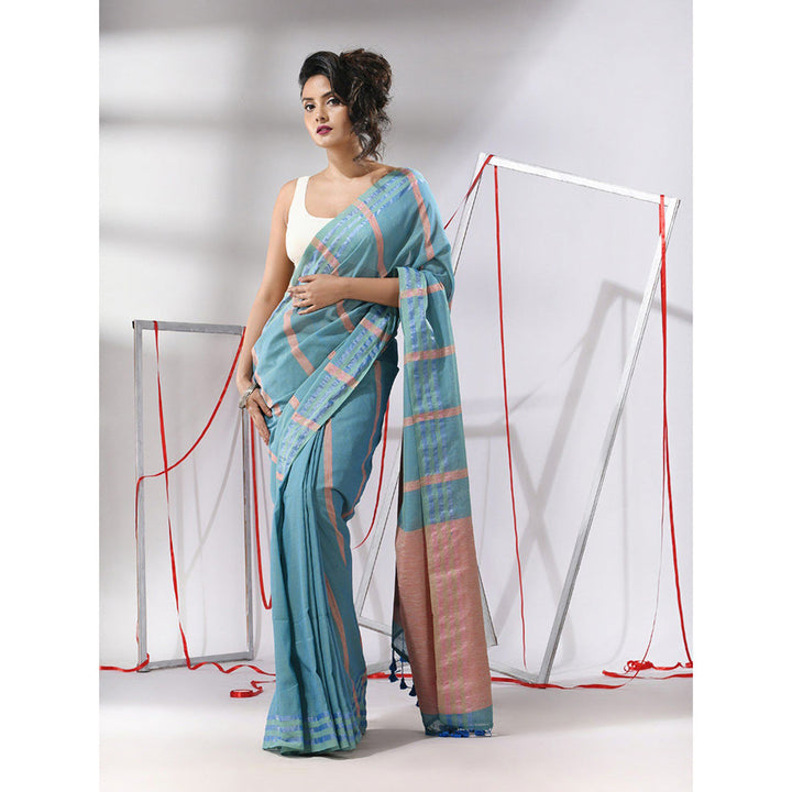 CHARUKRITI Sky Blue Cotton Stripes Design Saree with Unstitched Blouse