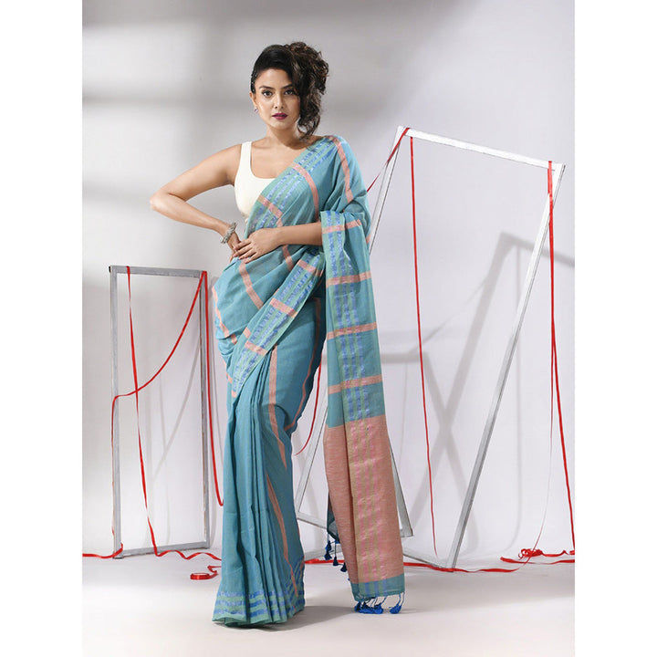 CHARUKRITI Sky Blue Cotton Stripes Design Saree with Unstitched Blouse