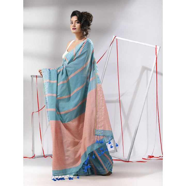 CHARUKRITI Sky Blue Cotton Stripes Design Saree with Unstitched Blouse