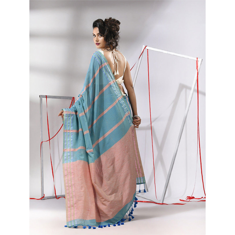 CHARUKRITI Sky Blue Cotton Stripes Design Saree with Unstitched Blouse