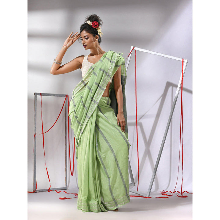 CHARUKRITI Pear Green Cotton Stripes Design Saree with Unstitched Blouse