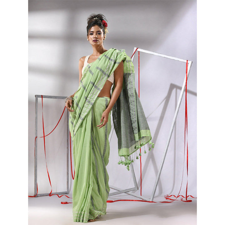 CHARUKRITI Pear Green Cotton Stripes Design Saree with Unstitched Blouse