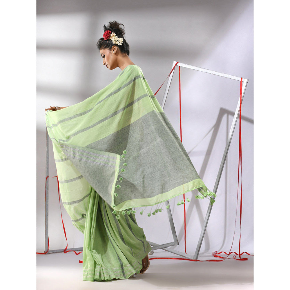 CHARUKRITI Pear Green Cotton Stripes Design Saree with Unstitched Blouse