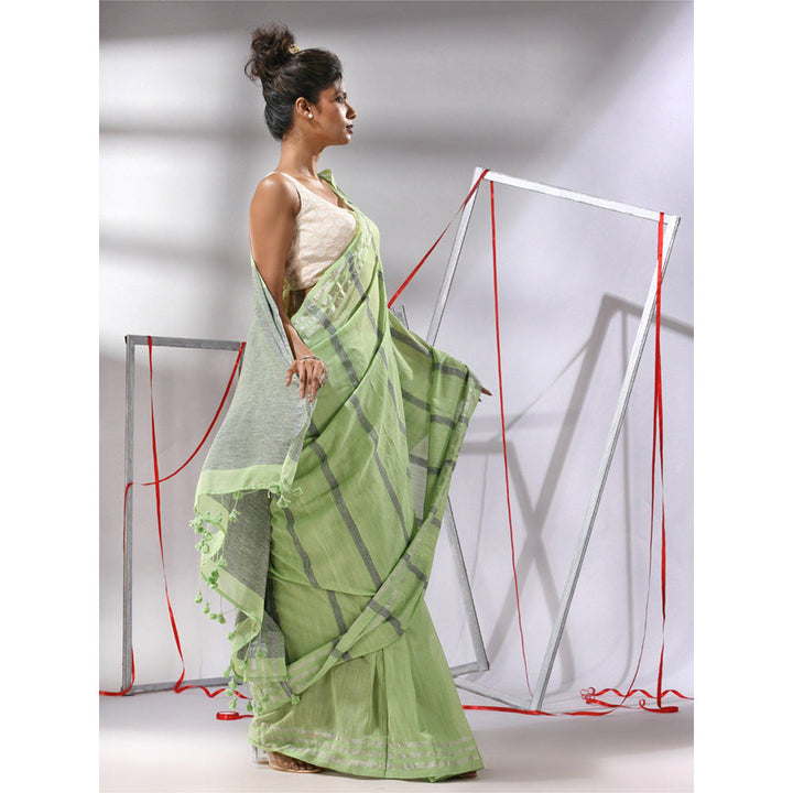 CHARUKRITI Pear Green Cotton Stripes Design Saree with Unstitched Blouse