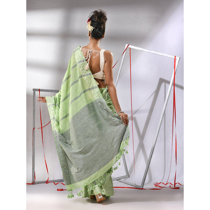 CHARUKRITI Pear Green Cotton Stripes Design Saree with Unstitched Blouse