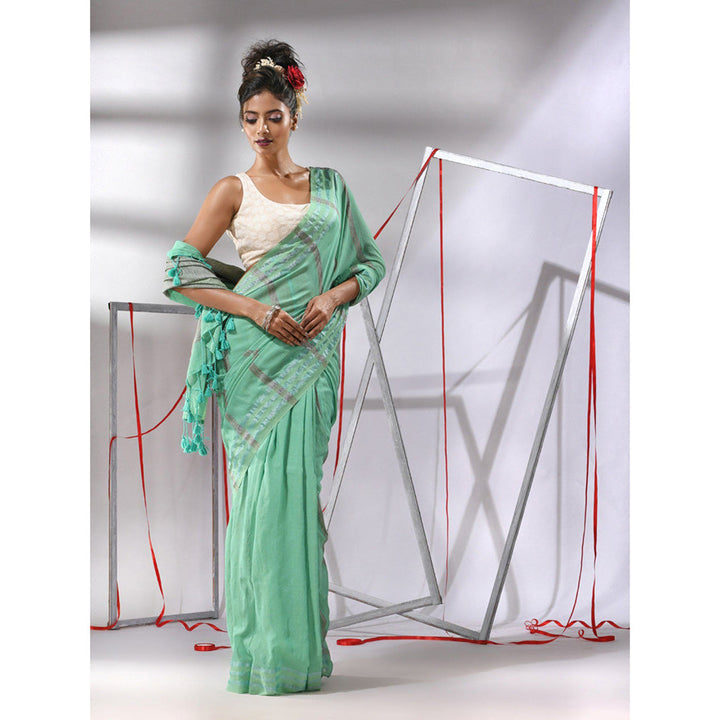 CHARUKRITI Sea Green Cotton Stripes Design Saree with Unstitched Blouse