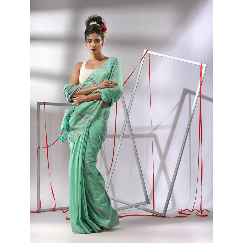 CHARUKRITI Sea Green Cotton Stripes Design Saree with Unstitched Blouse