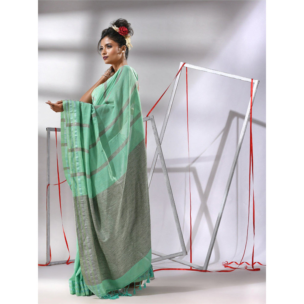 CHARUKRITI Sea Green Cotton Stripes Design Saree with Unstitched Blouse