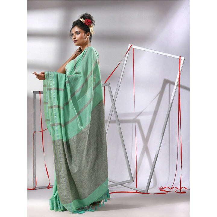 CHARUKRITI Sea Green Cotton Stripes Design Saree with Unstitched Blouse