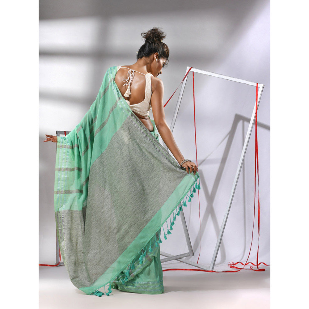 CHARUKRITI Sea Green Cotton Stripes Design Saree with Unstitched Blouse