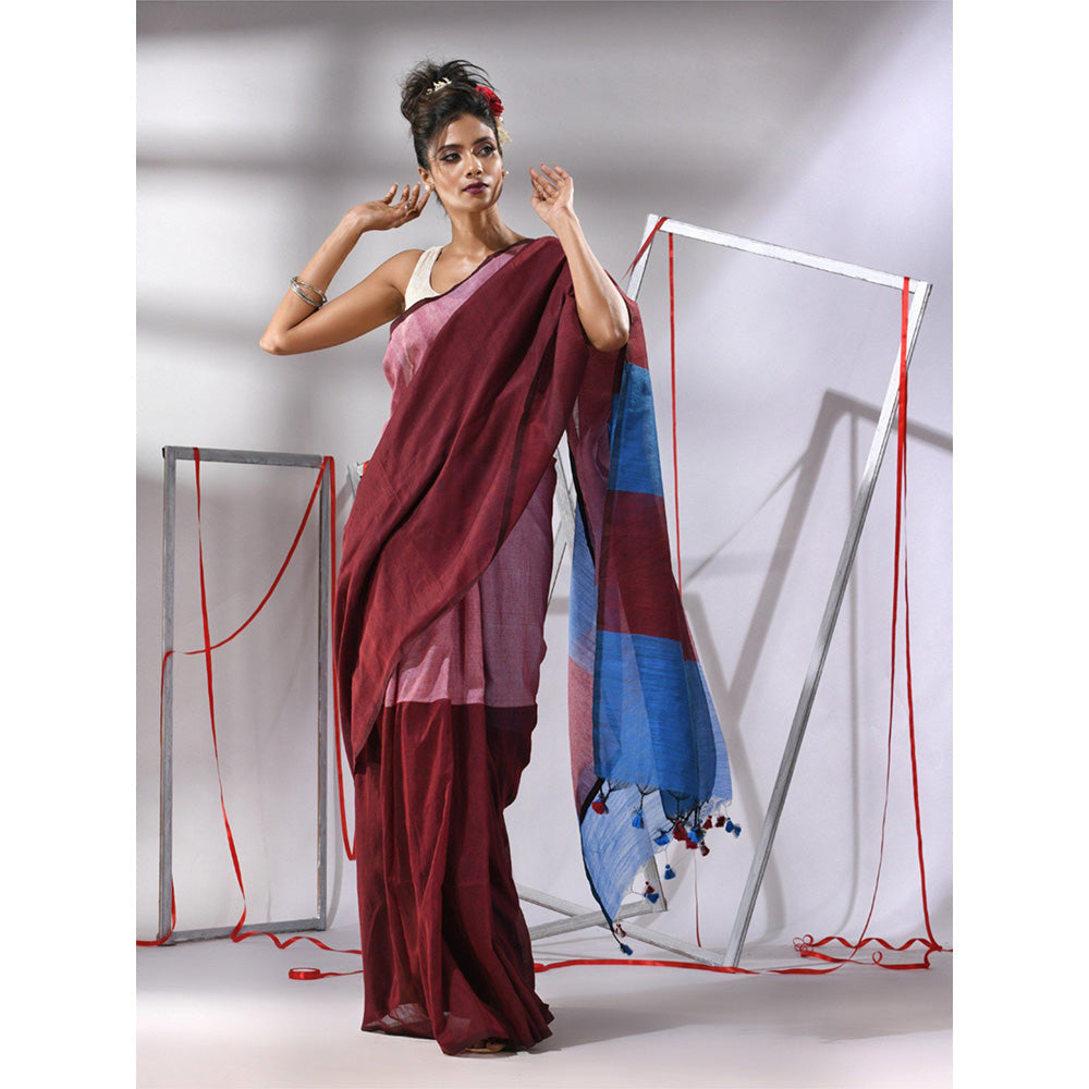 CHARUKRITI Maroon Cotton Saree with Unstitched Blouse