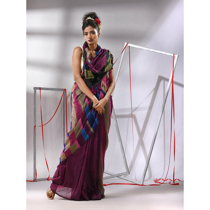 CHARUKRITI Wine Cotton Stripes Saree with Unstitched Blouse