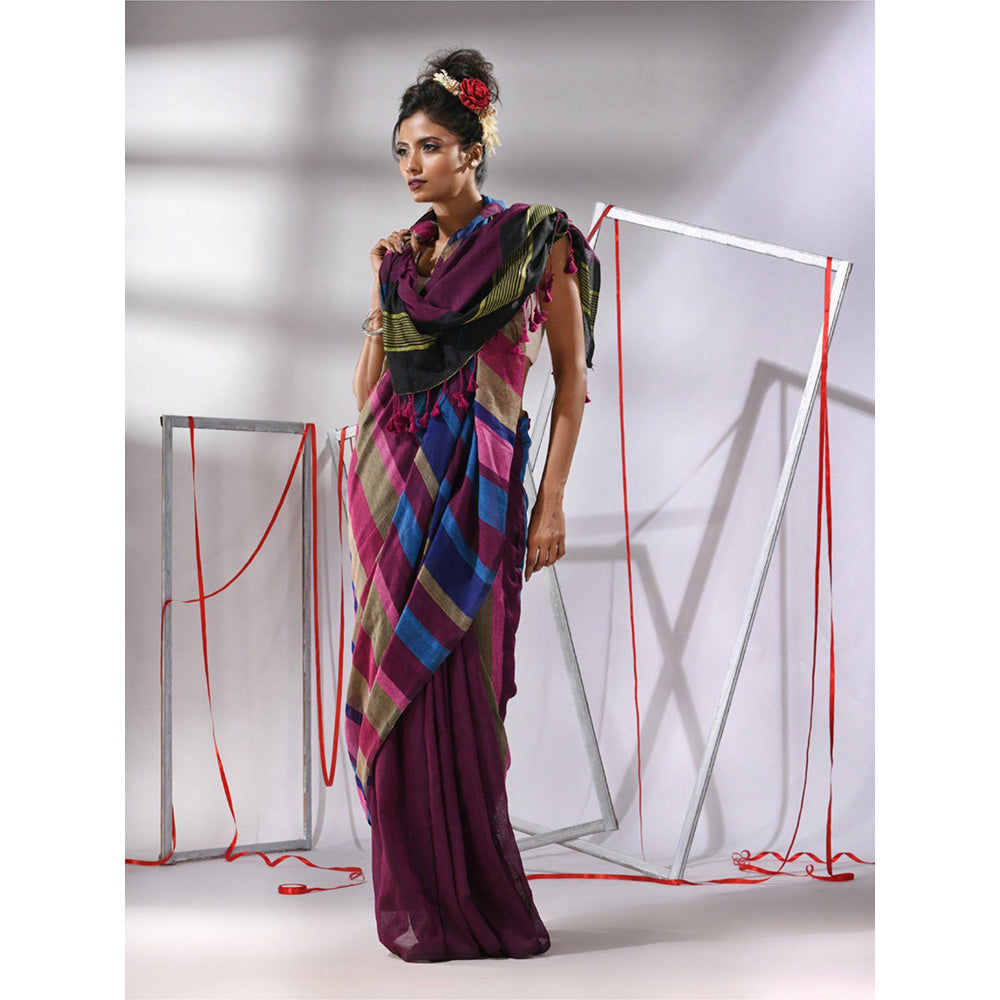 CHARUKRITI Wine Cotton Stripes Saree with Unstitched Blouse