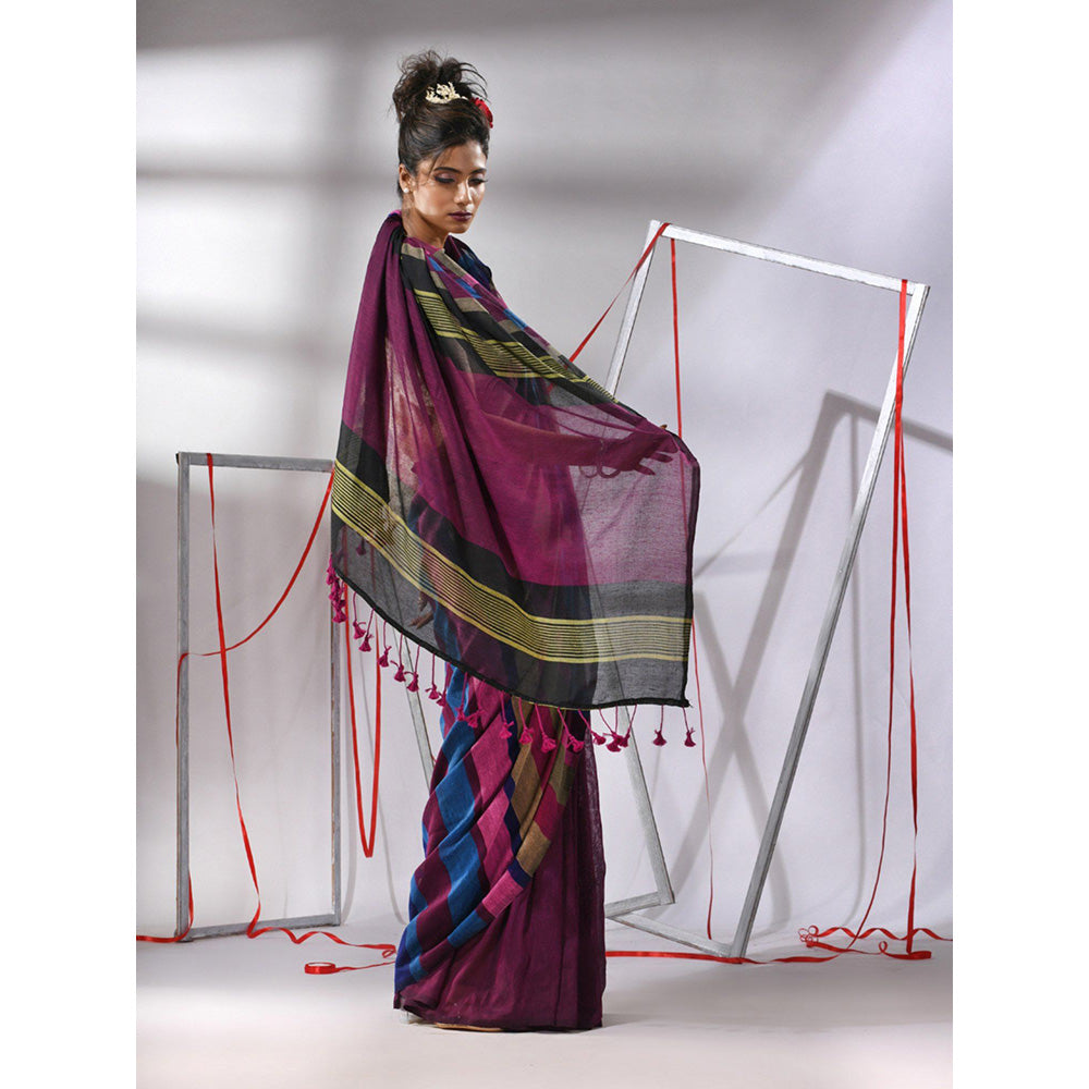 CHARUKRITI Wine Cotton Stripes Saree with Unstitched Blouse