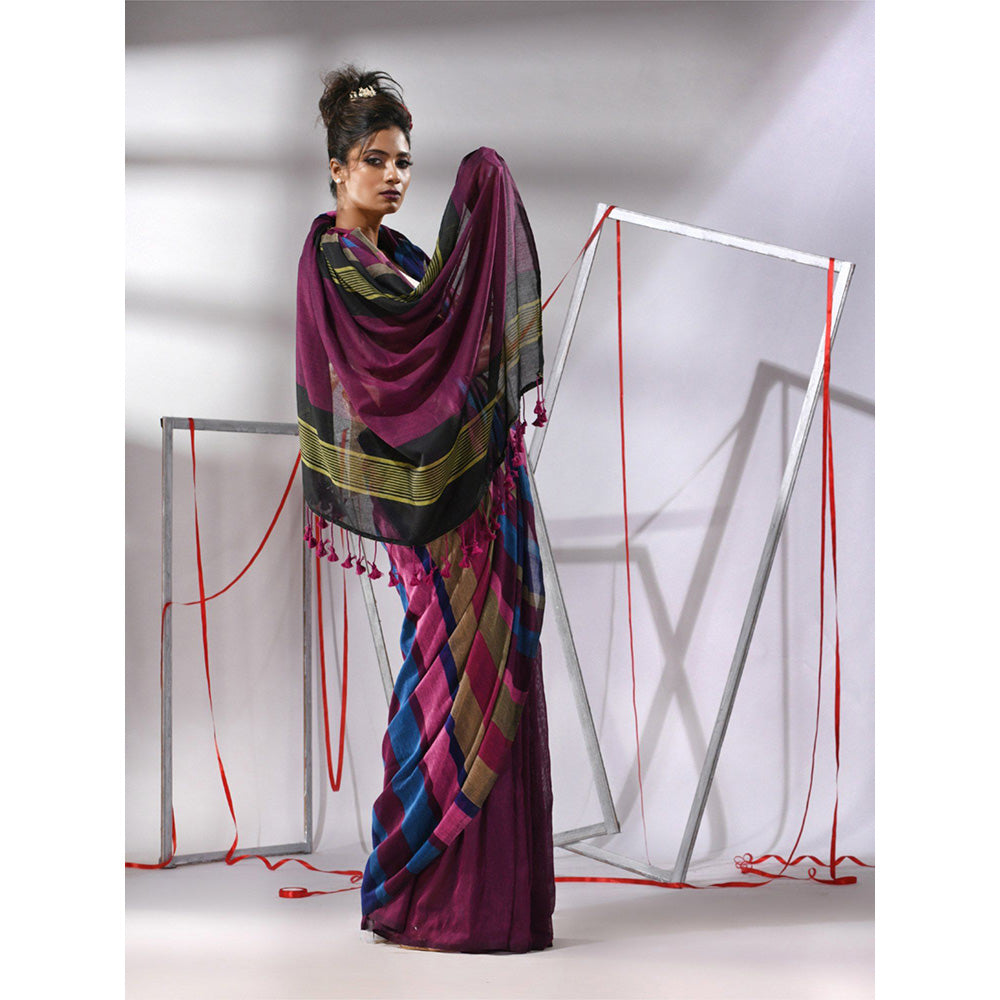 CHARUKRITI Wine Cotton Stripes Saree with Unstitched Blouse