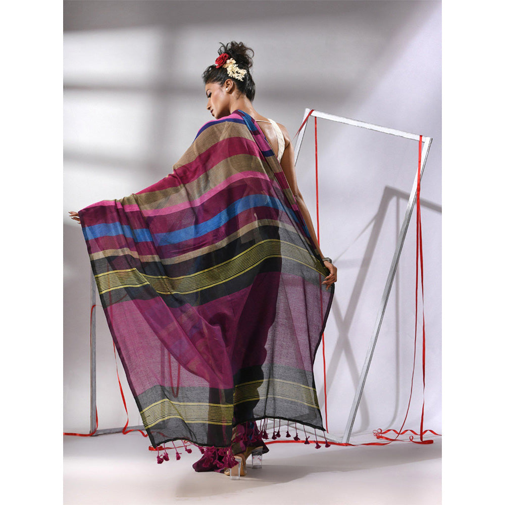 CHARUKRITI Wine Cotton Stripes Saree with Unstitched Blouse