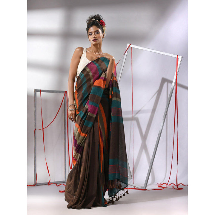 CHARUKRITI Brown Cotton Stripes Saree with Unstitched Blouse