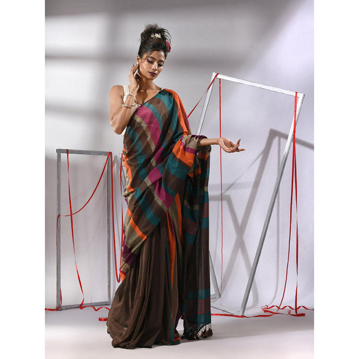 CHARUKRITI Brown Cotton Stripes Saree with Unstitched Blouse