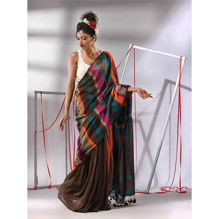 CHARUKRITI Brown Cotton Stripes Saree with Unstitched Blouse