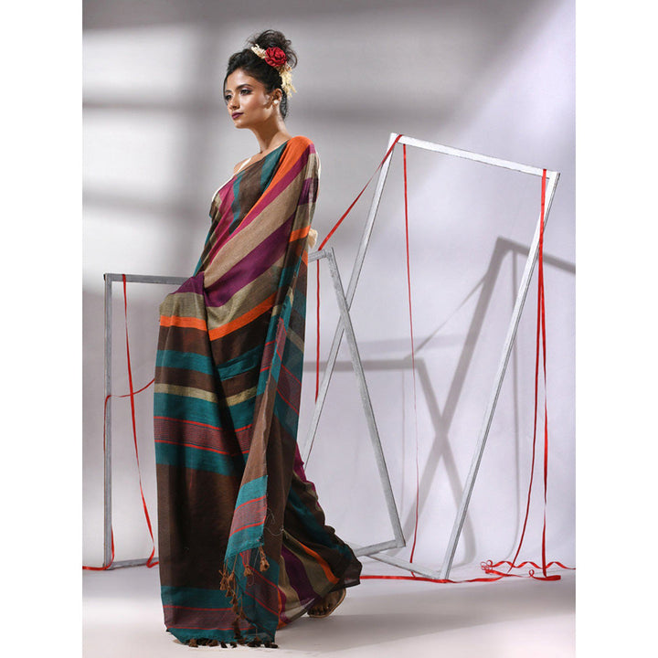 CHARUKRITI Brown Cotton Stripes Saree with Unstitched Blouse