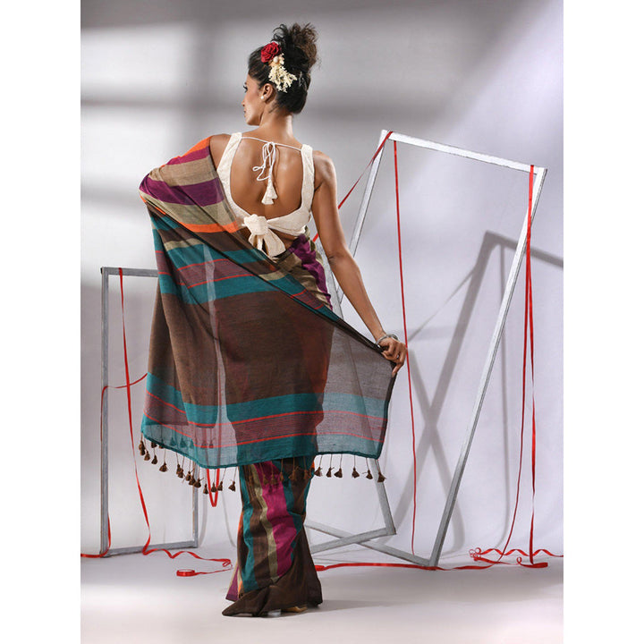 CHARUKRITI Brown Cotton Stripes Saree with Unstitched Blouse