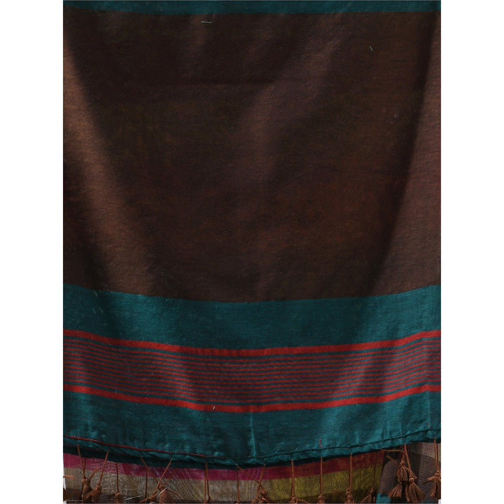 CHARUKRITI Brown Cotton Stripes Saree with Unstitched Blouse