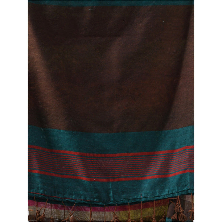 CHARUKRITI Brown Cotton Stripes Saree with Unstitched Blouse