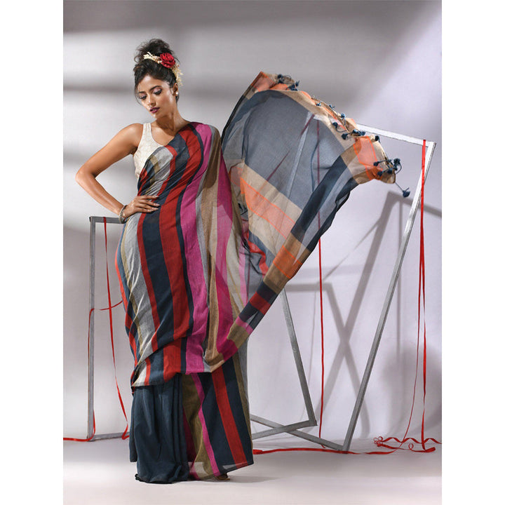 CHARUKRITI Dark Grey Cotton Stripes Saree with Unstitched Blouse