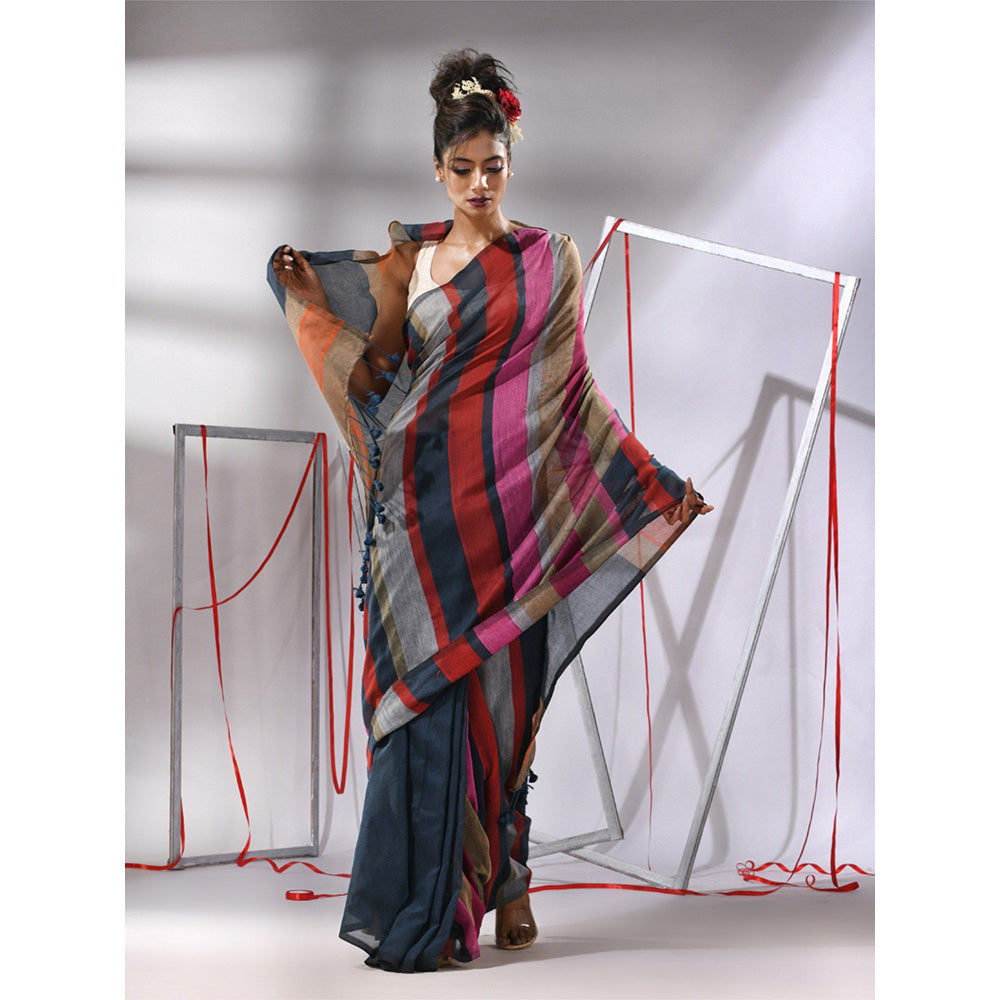 CHARUKRITI Dark Grey Cotton Stripes Saree with Unstitched Blouse