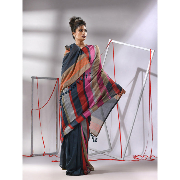 CHARUKRITI Dark Grey Cotton Stripes Saree with Unstitched Blouse