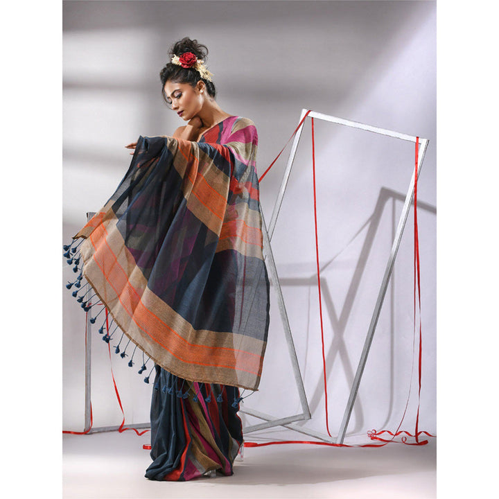 CHARUKRITI Dark Grey Cotton Stripes Saree with Unstitched Blouse