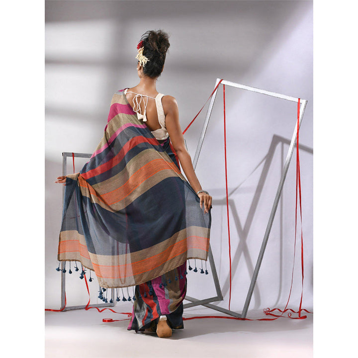 CHARUKRITI Dark Grey Cotton Stripes Saree with Unstitched Blouse