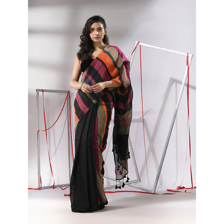 CHARUKRITI Black Cotton Stripes Saree with Unstitched Blouse