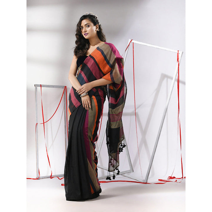 CHARUKRITI Black Cotton Stripes Saree with Unstitched Blouse