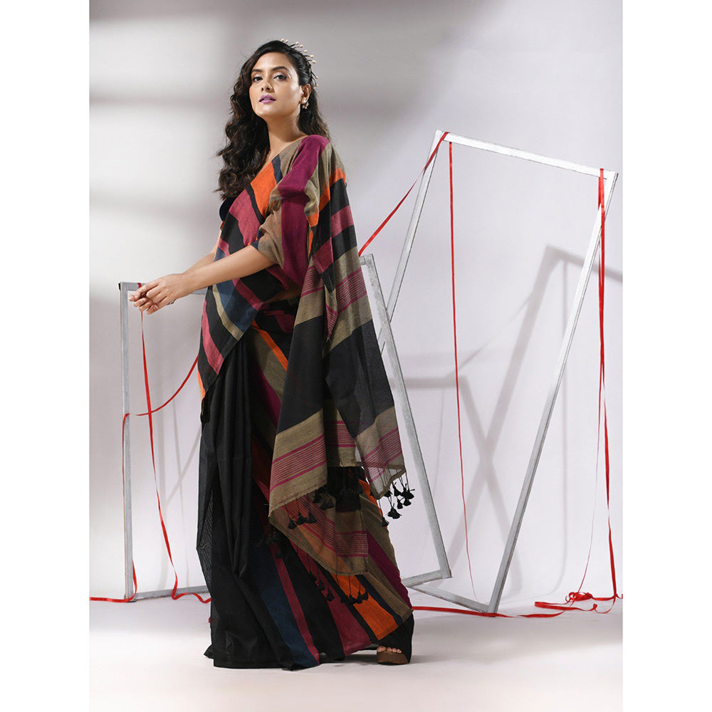 CHARUKRITI Black Cotton Stripes Saree with Unstitched Blouse