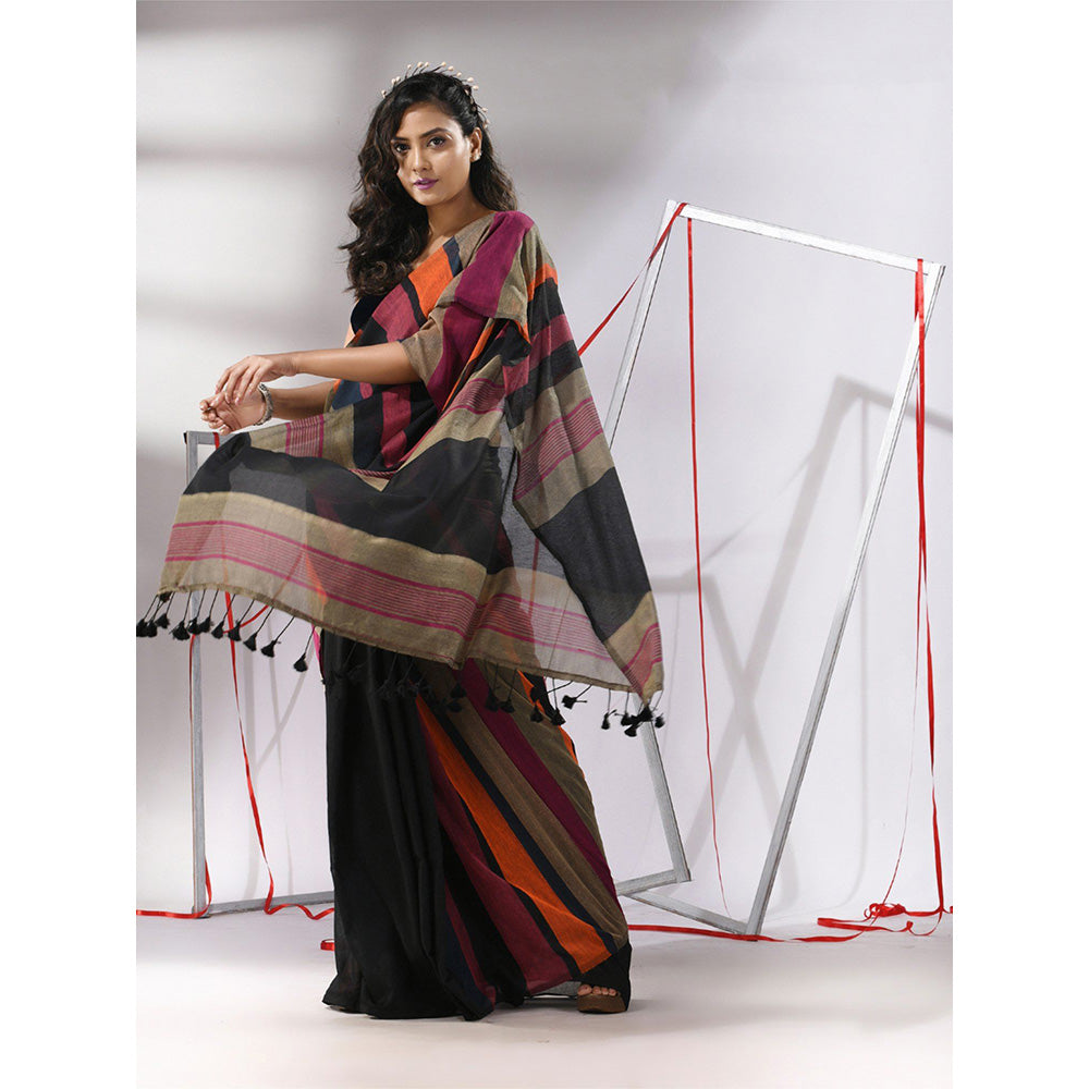 CHARUKRITI Black Cotton Stripes Saree with Unstitched Blouse