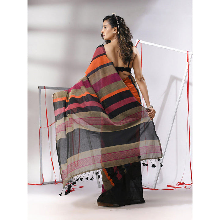 CHARUKRITI Black Cotton Stripes Saree with Unstitched Blouse