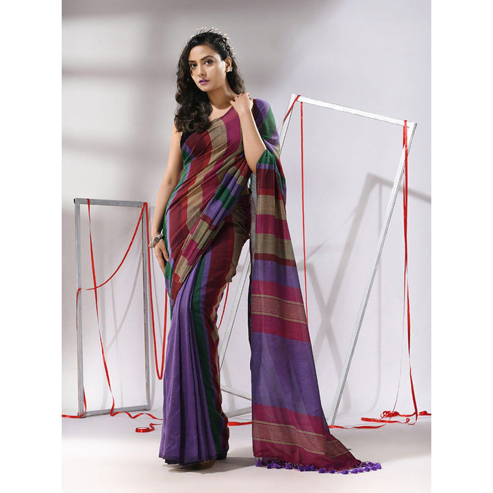 CHARUKRITI Multicolor Cotton Stripes Design Saree with Unstitched Blouse