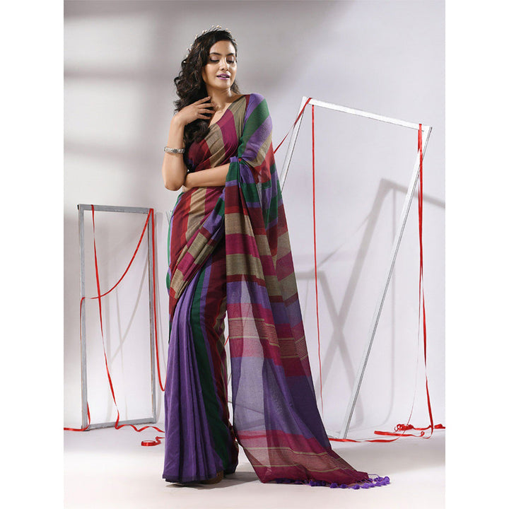 CHARUKRITI Multicolor Cotton Stripes Design Saree with Unstitched Blouse