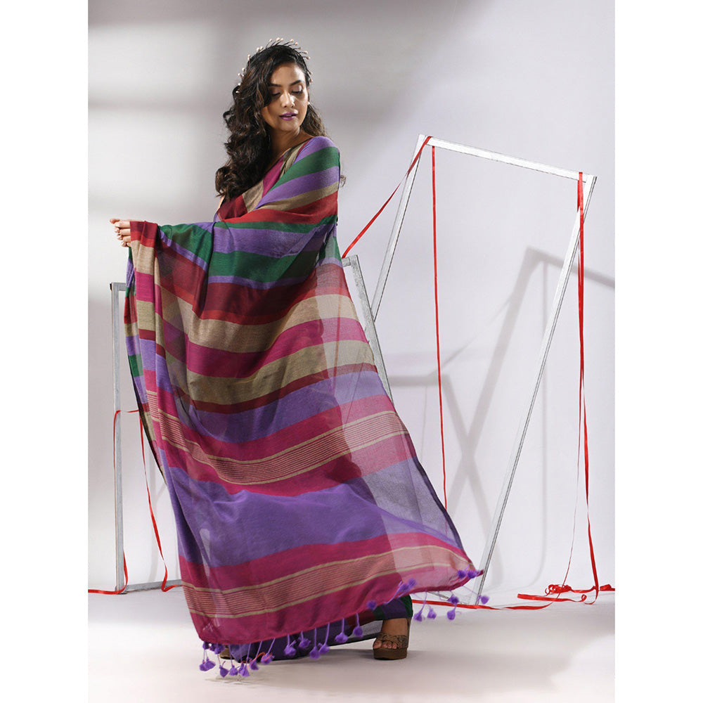 CHARUKRITI Multicolor Cotton Stripes Design Saree with Unstitched Blouse